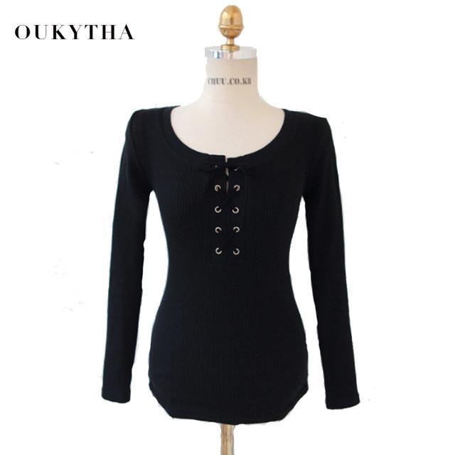 Blouses & Shirts Sexy Slim Low-cut Straped Round Collar Long Sleeve Sheer Tees Women Oukytha 2120 - Tokyo Fashion