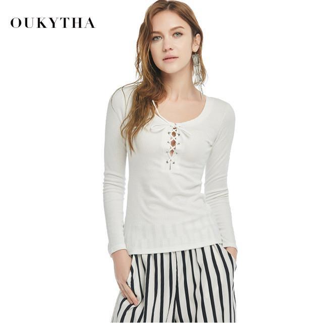Blouses & Shirts Sexy Slim Low-cut Straped Round Collar Long Sleeve Sheer Tees Women Oukytha 2120 - Tokyo Fashion