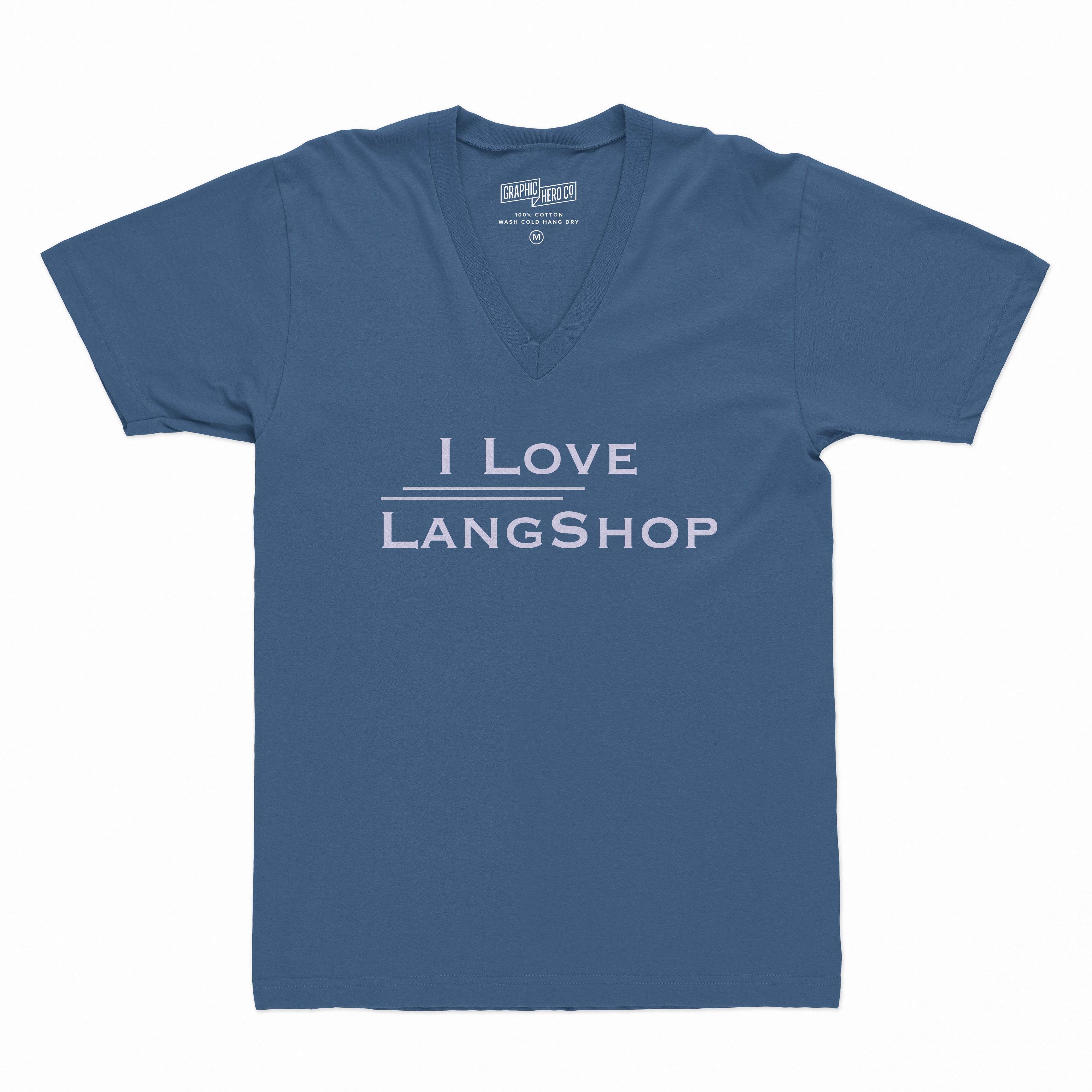 women’s blue cotton t-shirt with the inscription ‘I Love LangShop’