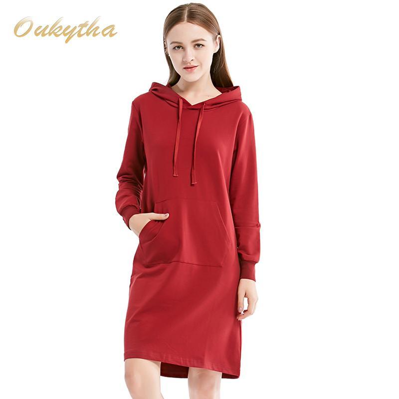 Autumn Sweaters & Pullovers Loose Solid Large Size Straight Students Long Sleeved Red Casual Hedging Hooded Women Oukytha M15469 - Tokyo Fashion