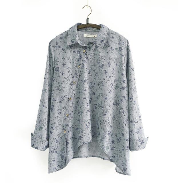 Blue Floral Turn-down Collar Irregular Blouse Women Johnature 390749 - Tokyo Fashion