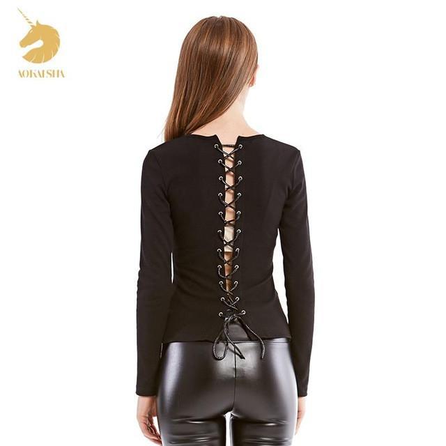 Blouses & Shirts Autumn Female Black Color O-neck Long Sleeve T-Shirt Slim Sexy Backless Back Women Oukytha S15079 - Tokyo Fashion