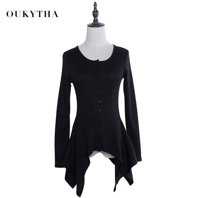 Blouse & Shirts Korean Slim Cotton Black Coat Ladies Designer Irregular Long sleeve Women Oukytha T15150 - Tokyo Fashion
