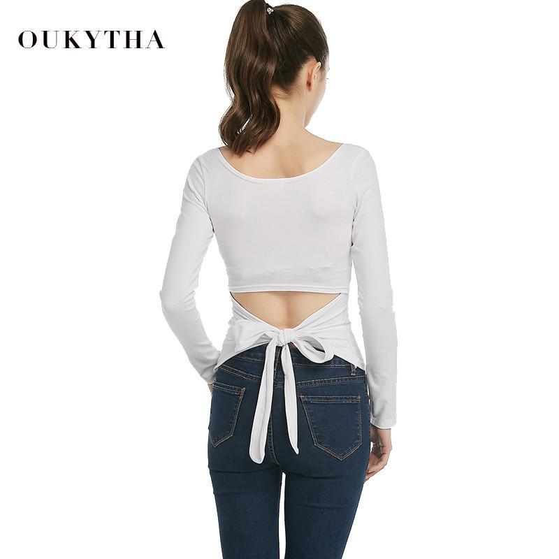 Blouses & Shirts Shirt O-Neck Women T Shirt Backless Bind Bowknot Tops Woman Long Sleeve Autumn Women Oukytha Q15351 - Tokyo Fashion