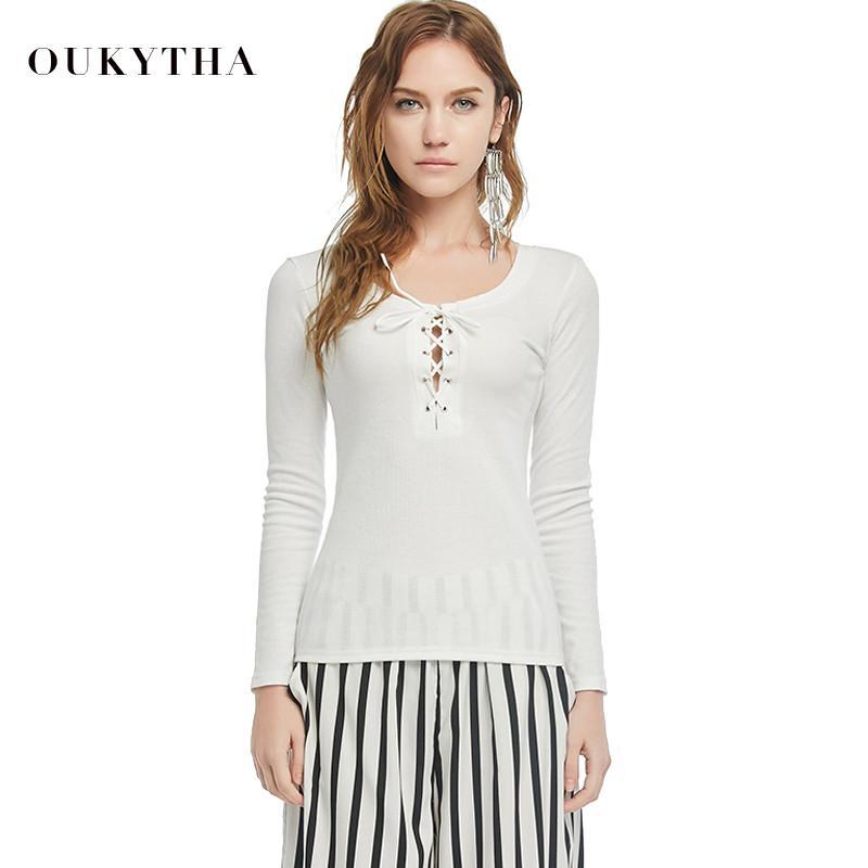 Blouses & Shirts Sexy Slim Low-cut Straped  Round Collar Long Sleeve Sheer Tees Women Oukytha 2120 - Tokyo Fashion