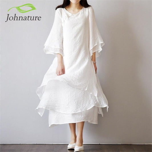 Acetate Fiber V-Neck Loose Casual Dress Women Johnature 5204698 - Tokyo Fashion
