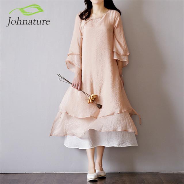 Acetate Fiber V-Neck Loose Casual Dress Women Johnature 5204698 - Tokyo Fashion