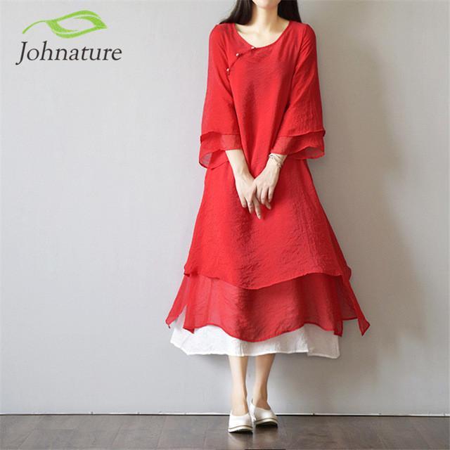 Acetate Fiber V-Neck Loose Casual Dress Women Johnature 5204698 - Tokyo Fashion